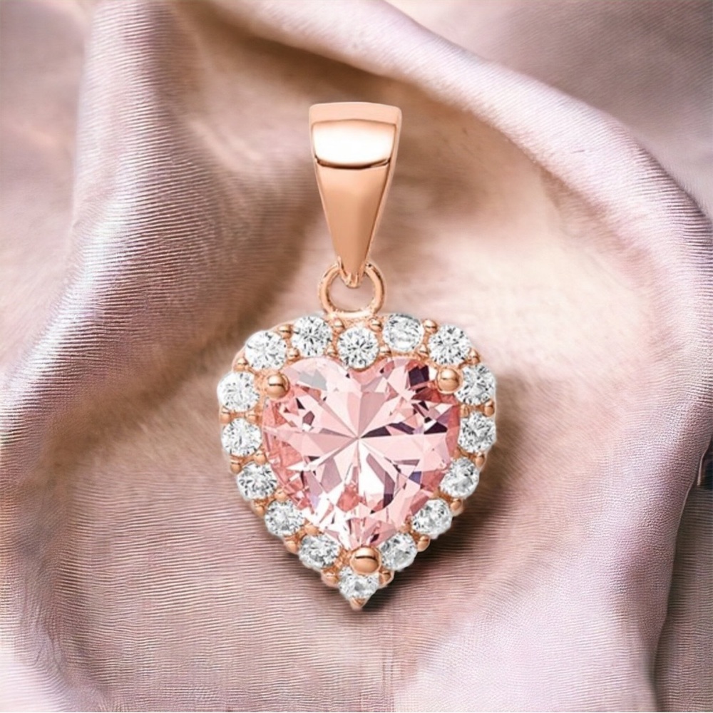 Sterling Silver Rose-plated Pink Crystal Heart and Clear CZ Pendant w adj. Chain